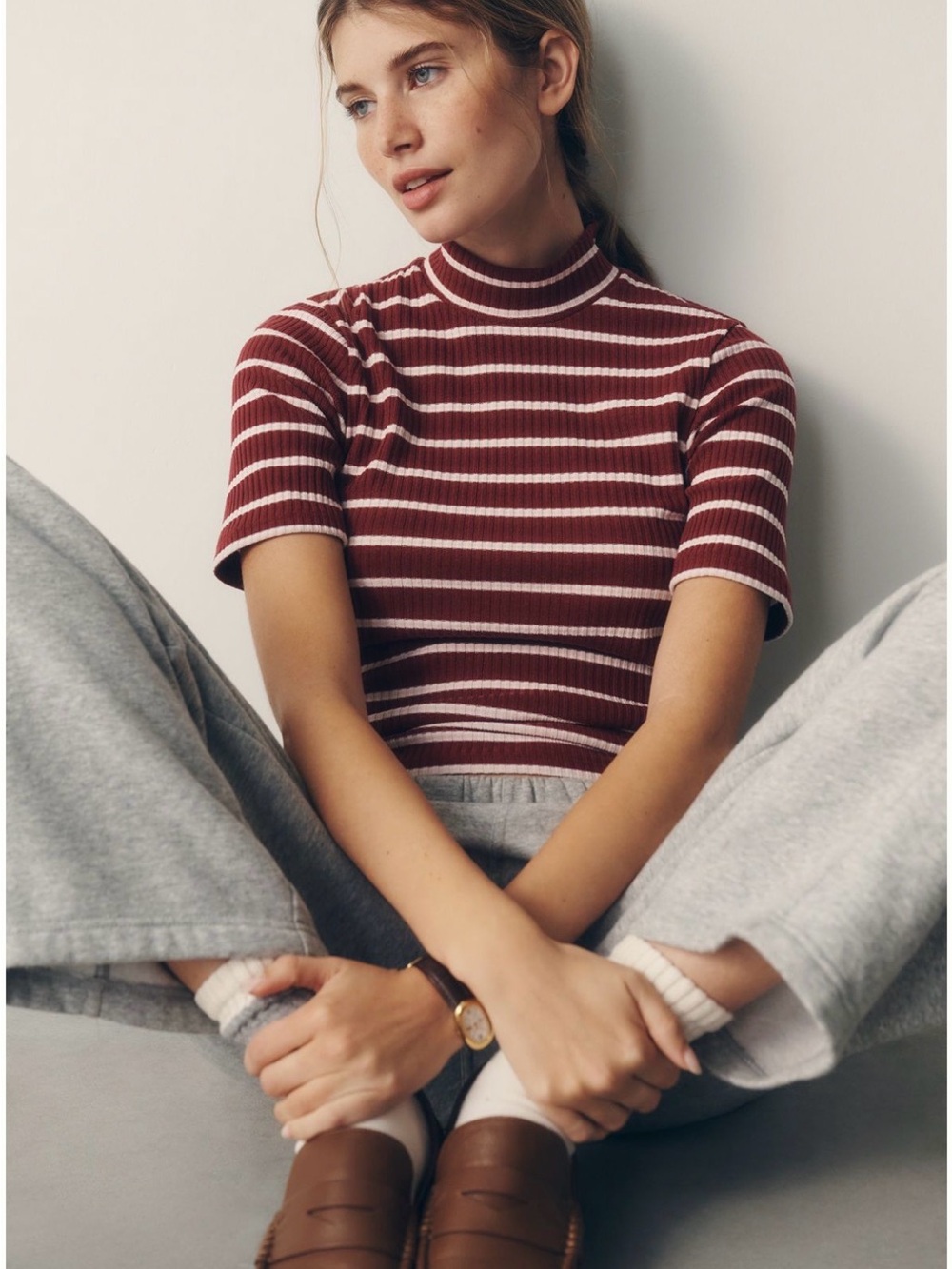 NWT Anthropologie Ribbed Mock Neck Top Burgundy & Light Pink Striped SZ SMALL